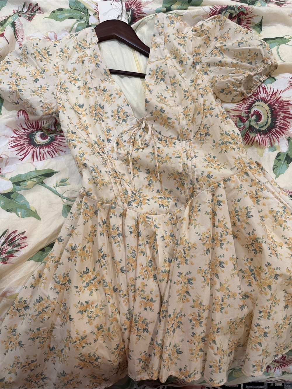 70/21 Cream Floral Tie-Front Puff Sleeve Mini Dress